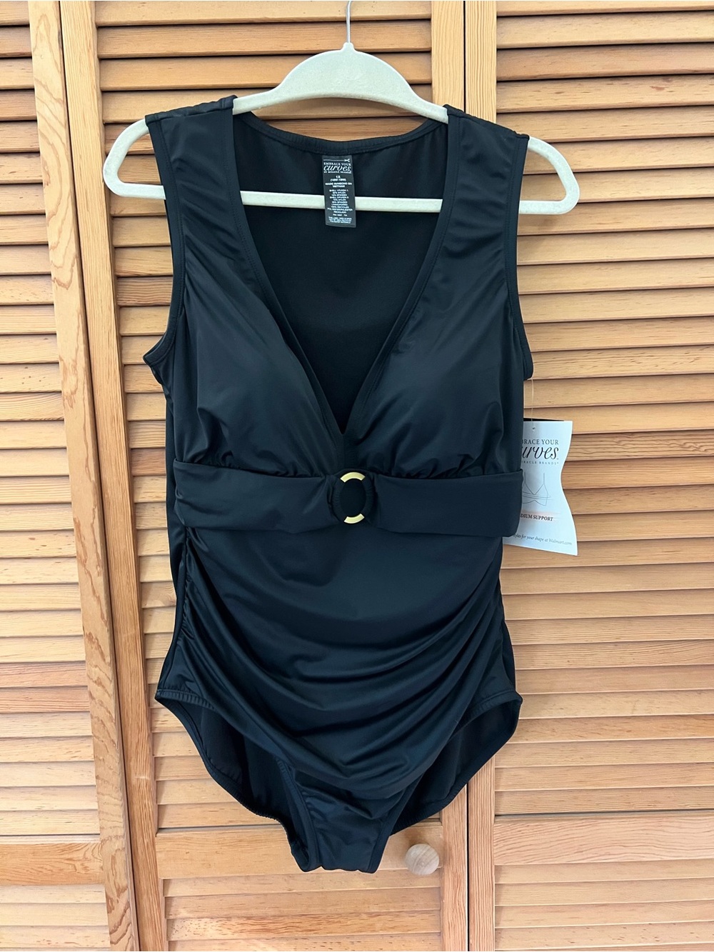 Women’s Black One-Piece Swimsuit with Gold Ring Waist Accent
